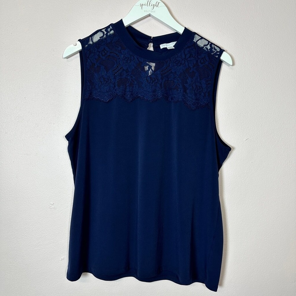 NEW YORK & COMPANY Navy Blue Lace‎ Yoke Mock Neck Sleeveless Shell Top XL